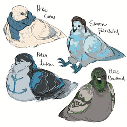 alternate_species ambiguous_gender black_eyes chest_markings countershading eyewear eyewear_on_head feathered_wings feathers feral feralized folded_wings furrification goggles goggles_on_head group markings scarf simple_background sitting tail text wings deadbaguette the_magnus_archives beholding_(tma) elias_bouchard michael_crew peter_lukas simon_fairchild avian bird columbid entity_(tma) pigeon 1:1 character_name digital_media_(artwork) hi_res male_(lore)
