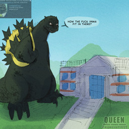 anthro back_spikes backpack black_body black_eyes black_scales dialogue male outside profanity scales school solo spikes spikes_(anatomy) text yellow_backpack espectro111222 4chan cavemanon_studios godzilla_(series) snoot_game toho godzilla kaiju reptile scalie 1:1 2025 artist_name crossover digital_drawing_(artwork) digital_media_(artwork) english_text hi_res watermark