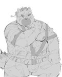 anthro asian_clothing belly bulge clothing east_asian_clothing eyebrows fundoshi happi_(clothing) japanese_clothing male musclegut muscular nipples pecs scar solo thick_eyebrows underwear tuokemao lifewonders tokyo_afterschool_summoners yasuyori_(tas) canid canine canis domestic_dog mammal absurd_res hi_res monochrome