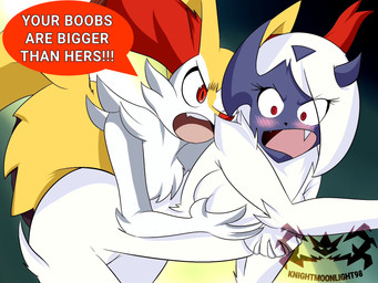 anthro anthrofied big_breasts blush breasts claws duo female fur hair humor open_mouth parody pokemorph red_eyes simple_background solo text tongue white_body white_fur knightmoonlight98 kill_la_kill nintendo pokemon studio_trigger absol braixen canid canine felid feline generation_3_pokemon generation_6_pokemon mammal pokemon_(species) 2019 4:3 digital_media_(artwork) english_text hi_res