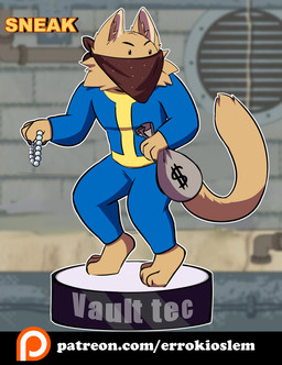 anthro blue_clothing claws clothing currency_symbol dollar_sign fur inner_ear_fluff jewelry kerchief male paws solo stealing symbol tail tan_body tan_fur text tuft vault_suit errokioslem fallout microsoft domestic_cat felid feline felis mammal hi_res url