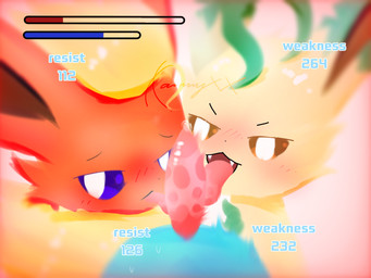 ambiguous_gender animal_genitalia animal_penis blue_body blush bodily_fluids border brown_eyes brown_inner_ear eyebrows feral feral_on_feral first_person_view fur gameplay_mechanics genitals green_body green_ears green_fur group group_sex gui health_bar licking looking_at_genitalia looking_at_penis looking_at_viewer male male_pov multicolored_body multicolored_fur narrowed_eyes neck_tuft number open_mouth oral orange_body orange_ears orange_fur penile penis penis_lick purple_eyes red_border saliva saliva_on_penis sex shocked sweat teeth text threesome tongue tongue_out tuft two_tone_body two_tone_fur yellow_body yellow_fur conditional_dnp xammyxx nintendo pokemon eeveelution flareon generation_1_pokemon generation_4_pokemon leafeon pokemon_(species) vaporeon 2026 4:3 digital_media_(artwork) hi_res ibispaint_(artwork) lineless shaded signature watermark