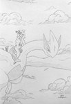 anthro clothing cloud duo feral flying hair long_hair long_tail male piercing robe tail ashpurr nintendo pokemon aorpheat fish generation_2_pokemon legendary_pokemon lugia marine pokemon_(species) shark hi_res monochrome traditional_media_(artwork)