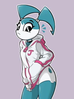 blue_body choker clothed clothing female hoodie jewelry looking_at_viewer machine necklace not_furry simple_background solo topwear white_body centinel303 my_life_as_a_teenage_robot nickelodeon jenny_wakeman android humanoid robot robot_humanoid 3:4