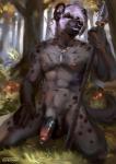 abs anthro athletic athletic_anthro athletic_male balls bedroom_eyes biped black_body black_fur claws detailed_background facial_piercing fangs foreskin forest fur genital_piercing genitals hair half-closed_eyes holding_object humanoid_genitalia humanoid_penis jewelry jewelry_only kneeling looking_at_viewer male narrowed_eyes naughty_face navel necklace necklace_only nipple_piercing nipples nose_piercing nose_ring nude outdoor_nudity outside partially_retracted_foreskin pecs penis penis_piercing piercing plant prince_albert_piercing ring_piercing seductive smile solo teeth tree tribal vein veiny_penis white_hair esperpenta teran hyena mammal spotted_hyena digital_media_(artwork) hi_res