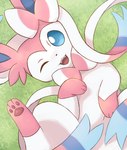 ambiguous_gender blue_sclera feral looking_at_viewer lying on_back on_ground one_eye_closed open_mouth pawpads pink_body quadruped smile solo white_body white_eyes rumine nintendo pokemon eeveelution generation_6_pokemon pokemon_(species) sylveon