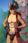 abs anthro backpack bulge clothed clothing detailed_bulge fingerless_gloves forest gloves hands_on_hips handwear jungle male outside plant skimpy solo standing totem_pole tree underwear leo-artis kangaroo macropod mammal marsupial 2023 hi_res