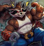 abs anthro areola armpit_hair barazoku belt biceps big_muscles body_hair bottomwear clothing deltoids denim denim_bottomwear denim_clothing ear_piercing ear_ring emanata flexing flexing_bicep fur gloves grey_background hair handwear holding_object holding_tool huge_muscles jeans looking_at_viewer male manly mohawk muscular muscular_anthro muscular_male nipple_slip nipples pants pecs piercing pubes red_sclera ring_piercing shirt simple_background sitting smile solo tank_top teeth thick_arms thick_thighs tools topwear tuft wrench its_coldpizza guardians_of_the_galaxy marvel marvel_rivals rocket_raccoon mammal procyonid raccoon 2025 absurd_res hi_res signature