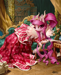 armwear bookshelf clothing crown dress elbow_gloves female feral furniture gloves hair handwear headgear horn lipstick lying makeup pink_eyes pink_hair pose red_lipstick scroll sofa solo tiara holivi hasbro my_little_pony fan_character equid equine mammal hi_res