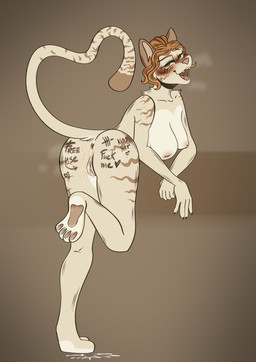 anthro blush blush_lines bodily_fluids body_writing breasts claws cum cum_drip cum_in_vagina cum_inside cum_splatter dripping exposed_breasts female flustered free_use fur genital_fluids green_eyes happy lube lube_drip marker pawpads paws solo steam steamy_breath tan_body tan_fur pentalgon domestic_cat felid feline felis mammal absurd_res hi_res