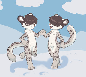 andromorph anthro biped black_hair cheek_tuft countershade_face countershade_torso countershading day digitigrade duo facial_tuft featureless_chest front_view fur genitals grey_body grey_fur grin hair hair_over_eyes hand_holding humanoid_genitalia humanoid_vulva inner_ear_fluff intersex leopard_spots looking_at_another markings navel neck_tuft nude on_one_leg open_mouth open_smile outside pink_nose short_hair smile snow spots spotted_body standing teeth tongue tuft vulva white_body white_countershading white_fur young young_andromorph young_anthro young_intersex jamesfoxbr felid mammal pantherine snow_leopard 2026 hi_res female_(lore)
