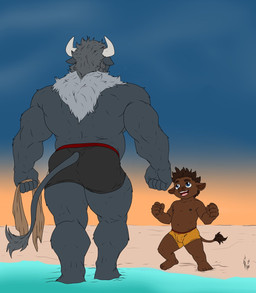 anthro barefoot beach blue_eyes clothing feet fur grey_body grey_fur hairy_back horn male muscular muscular_anthro muscular_arms muscular_male muscular_thighs rear_view sand sunset sunset_background swimming_trunks swimwear water hunterramirez bovid bovine cattle mammal hi_res father_(lore) father_and_child_(lore) father_and_son_(lore) parent_(lore) parent_and_child_(lore) parent_and_son_(lore) son_(lore)