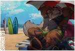 anthro beach beach_chair biceps bulge clothed clothing eyewear eyewear_on_head footwear hands_behind_head male muscular muscular_anthro muscular_male navel pawpads red_eyes sand sandals seaside shoes sitting sky solo sunglasses sunglasses_on_head surfboard swim_ring swimwear thick_thighs topless umbrella cobaltgrande nintendo pokemon goldyne arcanine canid canine generation_1_pokemon mammal pokemon_(species) 2023 hi_res