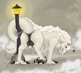 angry animal_genitalia animal_vulva black_claws black_pawpads black_vulva blush blush_lines butt chain claws cloaca equine_genitalia equine_vulva eyelashes fangs female feral fog foggy_background fur genitals light_pole lock mane padlock pawpads pebble pointy_ears presenting presenting_cloaca presenting_hindquarters presenting_vulva quadruped rear_view red_eyes sabertooth_(anatomy) simple_background solo street_lamp tail tan_background tan_body teats teeth udders vulva white_mane ferocious_ferals mythology dragon equid equine furred_dragon furred_scalie horse hybrid mammal mythological_creature mythological_scalie scalie wingless_dragon 2026 absurd_res hi_res signature