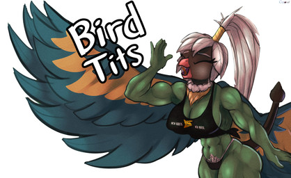 abs anthro beak biceps big_breasts breasts chest_tuft clothing eyebrows eyes_closed feather_hair feathers female hair long_tail muscular muscular_anthro muscular_female navel non-mammal_breasts open_beak open_mouth panties ponytail pseudo_hair pubes pubic_feathers shirt solo spread_wings standing strong_female stronger tail tall tall_girl tank_top thighs_together tongue topwear tuft underwear white_eyebrows white_hair wings cosmonaut bird_tits_(meme) nintendo pokemon athena_(cosmonaut) avian chatot generation_4_pokemon pokemon_(species) hi_res meme signature