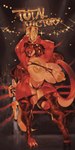 anthro areola arms_above_head award big_breasts biped bodily_fluids bottomwear breasts brown_hair claws clothing eyelashes fangs female fighting_ring hair holding_award holding_object holding_trophy huge_breasts legwear lidded_eyes long_hair male navel nipples non-mammal_breasts red_body smile solo sweat tail teeth text thick_thighs thigh_highs torn_clothing trophy wide_hips honhearthy canid canine fox mammal reptile scalie snake absurd_res digital_media_(artwork) digital_painting_(artwork) english_text hi_res painting_(artwork)
