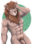 abs anthro athletic athletic_anthro athletic_male black_nose brown_mane fingers fur genitals humanoid_genitalia humanoid_hands humanoid_penis looking_at_viewer male mane navel nude one_eye_closed pecs penis pubes smile solo tan_body tan_fur baroque_(artist) felid lion mammal pantherine 2022 digital_media_(artwork) hi_res signature