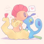 ambiguous/ambiguous ambiguous_gender anthro belly blue_body blush duo eyes_closed green_markings hair heart_symbol markings multicolored_body orange_body purple_hair red_hair romantic romantic_couple semi-anthro simple_background size_difference white_belly nanakusa_leo nintendo pokemon drizzile generation_5_pokemon generation_8_pokemon pokemon_(species) reptile scalie scrafty hi_res female_(lore) male_(lore)