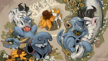 2_penises after_sex animal_genitalia animal_penis anthro bodily_fluids cuddling cum cum_on_face cum_on_ground cum_on_self duo feral flower genital_fluids genitals hemipenes looking_pleasured male multi_genitalia multi_penis oral penis plant precum size_difference strathven mythology finch_(strathven) junebug_(strathven) dragon mythological_creature mythological_scalie scalie hi_res