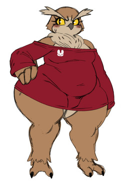 anthro big_butt blush bodily_fluids bottom_heavy bottomless brown_body butt clothed clothing femboy long_sleeve_shirt male overweight overweight_male shirt shirt_only solo topwear topwear_only wide_hips sssonic2 avian bird owl hi_res model_sheet