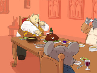 alcohol anthro belly beverage big_belly bread chair claws clothed clothing container cup cutlery dessert double_chin drinking drinking_glass eating feast food fur furniture glass glass_container glass_cup grey_body grey_fur grin group hair holding_food holding_object inside kitchen_knife kitchen_utensils knife male meat moobs obese obese_male overweight overweight_male pastry pie plate ponytail salad sitting smile table tan_body tan_fur tools wine wine_glass yo_bigbear canid canine canis mammal murid murine rat rodent wolf 4:3