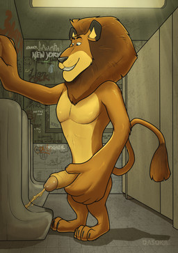 anthro bathroom black_nose blue_eyes bodily_fluids fangs genital_fluids genitals graffiti graffiti_on_wall male peeing penis public_restroom restroom_stall solo teeth text toothy_smile urinal urine dasoka dreamworks madagascar_(series) alex_(madagascar) felid lion mammal pantherine 2025 absurd_res english_text hi_res