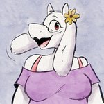 anthro big_breasts blue_background bra_strap breasts clothed clothing ear_tuft eyewear female flower flower_accessory flower_on_head fur glasses horn looking_at_viewer motion_lines open_mouth plant purple_clothing purple_shirt purple_topwear red_eyes shirt simple_background smile solo tongue topwear tuft wearing_glasses white_body white_fur white_horn yellow_flower manitka undertale undertale_(series) toriel boss_monster_(undertale) bovid caprine goat mammal 1:1 2025 digital_media_(artwork) digital_painting_(artwork) digital_watercolor_(artwork) hi_res painting_(artwork) watercolor_(artwork)