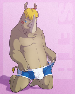 anthro barefoot biped blonde_hair blue_eyes bulge clothed clothing feet hair horn male solo tail tail_tuft topless tuft underwear eclipticafusion mammal rhinoceros 4:5 hi_res source_request