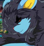 anthro hair looking_at_viewer mugshot simple_background solo unknown_artist nintendo pokemon raijin_(raijin_sparks) felid generation_4_pokemon luxray mammal pokemon_(species) digital_media_(artwork) herm_(lore) intersex_(lore)