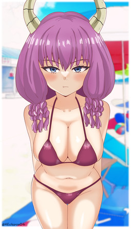 big_breasts bikini bikini_thong blue_eyes blush braided_hair breasts clothing detailed_background female hair hands_behind_back horn legs_together looking_at_viewer navel pink_hair purple_bikini purple_clothing purple_swimwear solo swimwear thigh_gap two-piece_swimsuit unimpressed wide_hips eclypsea frieren_beyond_journey's_end aura_the_guillotine horned_humanoid humanoid 2024 absurd_res hi_res portrait three-quarter_portrait