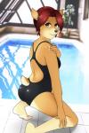 anthro backless_clothing backless_swimsuit breasts butt clothed clothing eyebrows eyelashes female fur hair looking_at_viewer one-piece_swimsuit open-back_swimsuit red_hair solo sport_swimsuit swimming_pool swimwear tight_clothing water buffbumblebee that_pool aurora_(buffbumblebee) deer mammal 2018 absurd_res digital_drawing_(artwork) digital_media_(artwork) hi_res