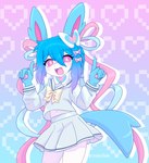 2024 5_fingers accessory anthro anthrofied asian_clothing biped blue_body blue_ears blue_fur blue_hair blue_ribbon blue_tail blush bottomwear bow_(feature) bow_ribbon bow_tie clothed clothing colored cute_fangs ear_bow east_asian_clothing eeveelution epitome_(giyuyuchan) eye_bags eyelashes fangs female female_anthro fingers front_view fully_clothed fur generation_6_pokemon gesture giyuyuchan hair hair_accessory hair_bow hair_ribbon hand_gesture heart_background heart_bow heart_catchlight heart_symbol hi_res humanoid_hands japanese_clothing japanese_school_uniform kemono looking_at_viewer mammal monotone_hair monotone_tail multicolored_body multicolored_fur navel nintendo open_mouth open_smile pattern_background pawpads pink_background pink_bow pink_eyes pink_inner_ear pink_pawpads pink_ribbon pink_tongue pointing pointing_up pokemon pokemon_(species) pokemorph portrait pupils ribbons school_uniform serafuku shaded shiny_pokemon shirt simple_background skirt smile solo standing sylveon tail teeth three-quarter_portrait tongue topwear two_tone_body two_tone_fur uniform white_body white_bottomwear white_clothing white_fur white_pupils white_shirt white_skirt white_topwear