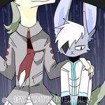 anthro black_collar clothing collar duo fur green_body green_fur grey_clothing hair hand_on_shoulder male male/male necktie red_necktie umbrella white_clothing white_hair white_sclera toothneedle lagomorph mammal sergal 1:1