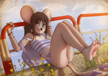 5_toes adolescent ankle_band anthro backpack bare_legs barefoot big_ears biped bottomwear bracelet breasts clothed clothed_anthro clothed_female clothing collar crop_top feet feet_together female female_anthro foot_focus humanoid_feet jewelry knock-kneed legs_together looking_at_viewer midriff nails plantigrade pose purple_eyes shirt shoes_removed shorts sitting small_breasts smile smiling_at_viewer soles solo tail toenails toes topwear young young_anthro young_female deymos sharabesque_(deymos) mammal murid murine rodent 2023
