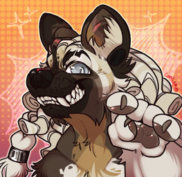 4_fingers abstract_background accessory anthro black_eyebrows black_nose black_pawpads braided_hair brown_body brown_eyebrows brown_eyes brown_fur brown_pawpads chest_tuft claws clenched_teeth countershading dreadlocks ear_piercing ear_ring eyebrows facial_hair facial_piercing facial_tuft fangs fingers fluffy front_view fur gesture glistening glistening_eyes gradient_background grey_body grey_eyes grey_fur grin gums hair hair_accessory hand_gesture happy jewelry lips long_hair looking_at_viewer male markings mottled multicolored_body multicolored_fur narrowed_eyes orange_background pawpads paws piercing ponytail ring ring_(jewelry) ring_piercing scar simple_background smile smiling_at_viewer smirk smug smug_grin snarling snout solo sparkles spots spotted_body spotted_fur stud_piercing tan_body tan_fur teeth thick_eyebrows toothy_grin tuft white_body white_fur white_hair conhugo african_wild_dog canid canine hyena mammal spotted_hyena bust_portrait headshot_portrait hi_res icon portrait signature