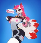 anthro areola band-aid band-aid_on_face bandage bandage_on_face breasts clothed clothing dialogue female hair multi_tail nipples pink_hair pouch_(clothing) red_eyes small_breasts solo speech_bubble tail sweetburn epic_games fortnite kimiko_five-tails canid canine fox mammal hi_res