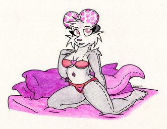 anthro bikini bikini_top button_(fastener) clothed clothing female grey_body looking_at_viewer pillow plushie plushie_tag seam_(sewing) seductive simple_background solo swimwear two-piece_swimsuit underwear underwear_only white_background simonov american_opossum animate_inanimate living_plushie mammal marsupial virginia_opossum