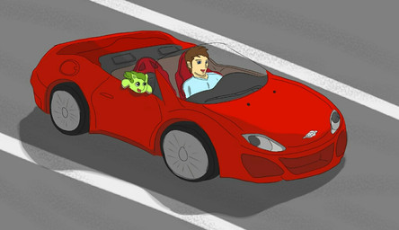 ambiguous_feral ambiguous_gender blue_eyes brown_hair car driving duo feral fur green_body green_fur green_hair hair happy hooves light_body light_skin male male_human open_mouth open_smile red_car road sitting smile vehicle young young_ambiguous young_feral carpdime fluffy_pony fluffy_pony_(species) human mammal digital_media_(artwork) shaded