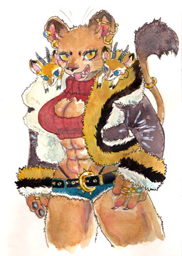 abs accessory anthro barbell_piercing belt big_breasts bottomwear breasts brown_body brown_fur cleavage cleavage_cutout clothed clothing colored_nails crop_top cutout denim denim_bottomwear denim_clothing denim_shorts ear_piercing ear_ring female fingers fur furgonomics group horn hotpants jacket jewelry leather leather_clothing leather_jacket leather_topwear looking_at_viewer makeup midriff muscular muscular_anthro muscular_female nails navel navel_piercing open_mouth piercing pupils ring ring_(jewelry) ring_piercing shirt shorts simple_background smile solo sweater tail tail_tuft teeth thong_straps tongue topwear tuft turtleneck white_background kyokyota antelope bovid felid lion mammal pantherine 2024 absurd_res hi_res painting_(artwork) traditional_media_(artwork) watercolor_(artwork)
