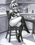 anthro beverage bra bread breakfast clothed clothing coffee crossed_legs female food fur hair inside kitchen looking_at_viewer midriff morning solo toast underwear ayame_emaya extinctioners pandora_lee bear giant_panda mammal 2004 greyscale monochrome