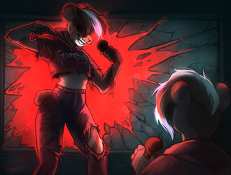 5_fingers anthro blood blood_from_eye bloody_tears bodily_fluids bottomwear clothing crop_top crying_blood electronics emotional femboy fingers fur hair hidden_eyes hoodie inner_demon leg_markings male markings microphone multicolored_body multicolored_fur multicolored_hair pants shirt short_ears short_tail singing slim smile solo standing tail tears text text_on_clothing topwear torn_bottomwear torn_clothing torn_hoodie torn_pants benzimit bjorn_(glazie) bear mammal hi_res