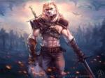 5_fingers abs anthro anthrofied armor belt biceps big_muscles black_nose bottomwear clothed clothing detailed_background facial_scar fingers forest fur gauntlets gloves handwear harness jewelry looking_at_viewer male melee_weapon muscular muscular_anthro muscular_male outside pants pauldron pecs pendant plant scar solo sword swordsmen topless tree walking weapon white_body white_fur yellow_eyes walkalone the_witcher geralt_of_rivia canid canine canis mammal wolf 2015 4:3