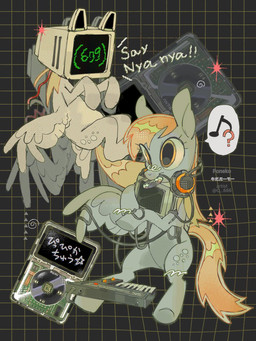 electronics female headphones keyboard monitor musical_note musical_symbol symbol text wings yellow_eyes poneko-chan friendship_is_magic hasbro my_little_pony mythology derpy_hooves_(mlp) equid equine horse mammal mythological_creature mythological_equine pegasus pony 3:4 translation_request