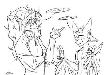 3_fingers 4_ears 5_fingers anthro asking asking_another clothed clothing duo ear_piercing eyebrow_piercing eyes_closed facial_piercing fingers lip_piercing looking_at_another male multi_ear multiple_piercings piercing shirt speech_bubble topwear winged_arms wings dusty_tbt benze american_opossum avali mammal marsupial 2025 digital_media_(artwork) monochrome signature