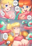 alien armor big_breasts blonde_hair blue_eyes bodily_fluids breasts brown_hair comic dialogue english_text erection female genitals group hair hi_res human human_focus larger_female licking male male/female mammal mario_bros metroid metroid_(species) nintendo nipples not_furry oral penile penis penis_lick princess_daisy princess_peach samus_aran sex size_difference supersatanson sweat text tongue tongue_out varia_suit