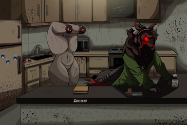 anthro blood bodily_fluids body_horror book duo female gun handgun kitchen kitchen_utensils machine male pistol ranged_weapon scared tools weapon zortrex konami silent_hill humanoid monster protogen absurd_res hi_res