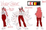 anthro asian_mythology black_sclera burningstarjaxie canid canine chest_wraps east_asian_mythology female ferafang_(species) fox fox_spirit fur hair hi_res japanese_mythology mammal model_sheet mythology occult_symbol red_hair solo symbol varox_starlet_(character) white_body white_fur wraps