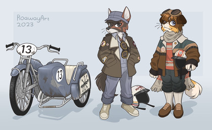 ambiguous_gender anthro armor clothing duo eyewear eyewear_on_head footwear goggles goggles_on_head hat headgear headwear helmet looking_at_viewer motorcycle shoes smile standing vehicle roawayart canid canine mammal 2023 hi_res