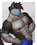 abs anthro biceps big_muscles black_body black_fur black_nipples bottomwear clothed clothing condom fur grey_body grey_fur looking_at_viewer male muscular muscular_anthro muscular_male nipples pecs pose red_body red_eyes red_fur sexual_barrier_device shorts smile solo teeth topless lerchief2007 ghost_(character) canid canine canis mammal wolf