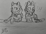 duo ears_up exclamation_point female fluffy prank shocked simple_background simple_eyes spilled_drink pinky_bestia arctic_fox canid canine fox mammal true_fox monochrome shaded simple_shading sketch traditional_media_(artwork)